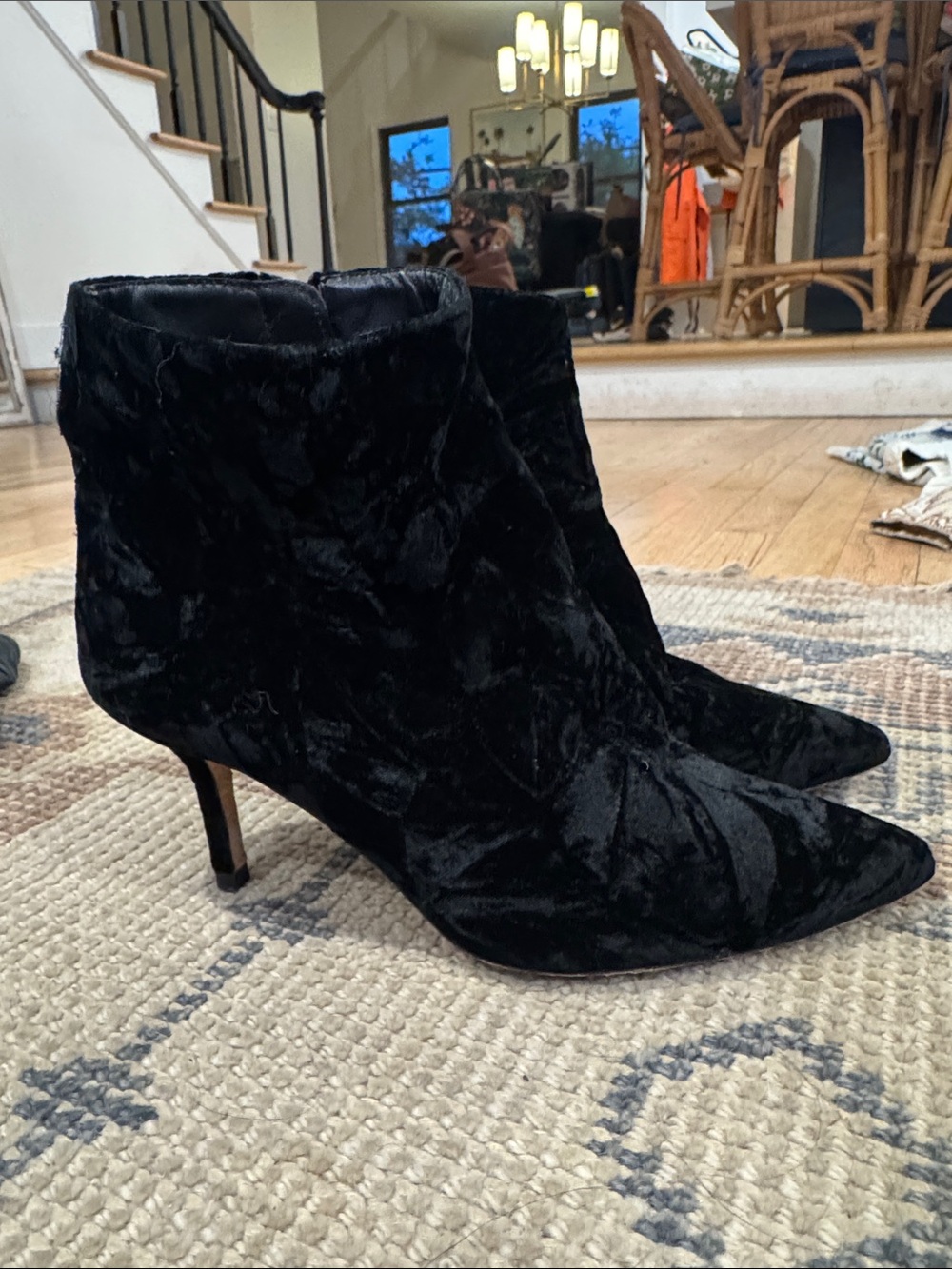 L'AGENCE Black Velvet Pointed Ankle Booties with Gold Zip